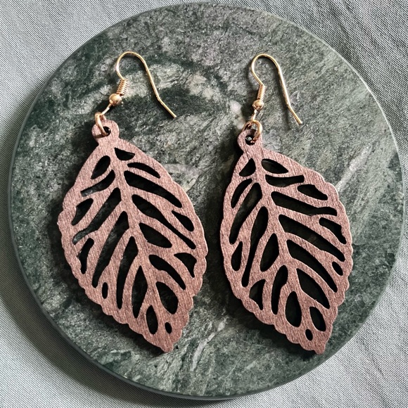 Handmade Wood Leaf Earrings - Picture 1 of 2